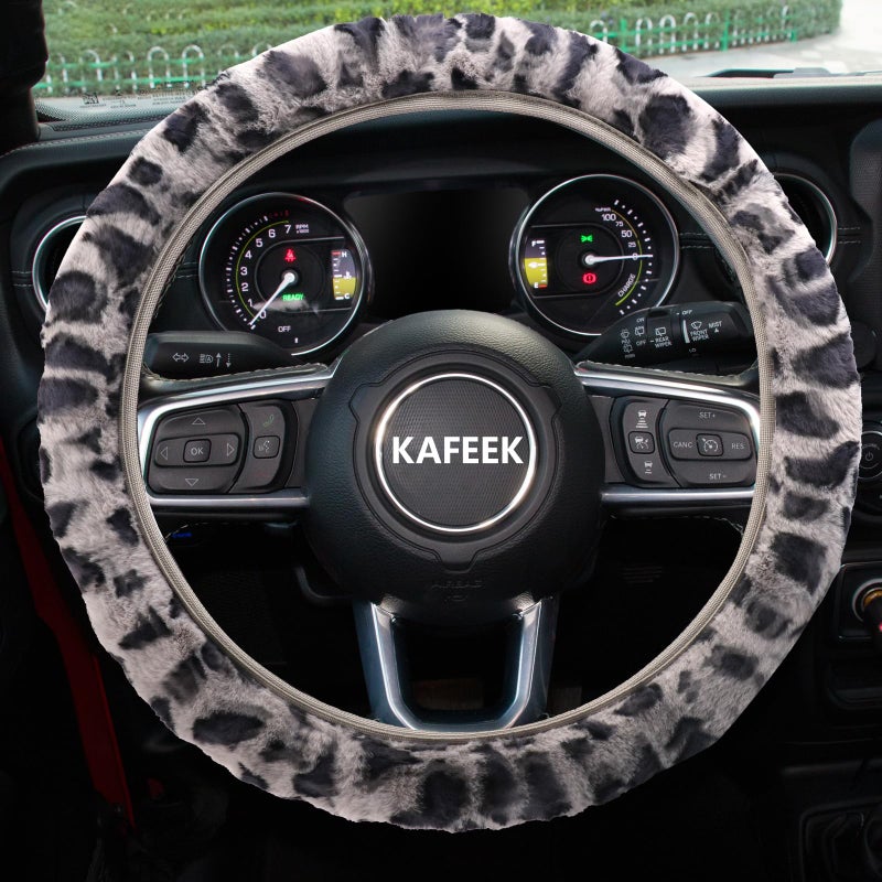 KAFEEK Elastic Long Microfiber Plush Steering Wheel Cover for Winter Warm, Universal 15 inch, Anti-Slip, Odorless, Leopard Gray - Image 2
